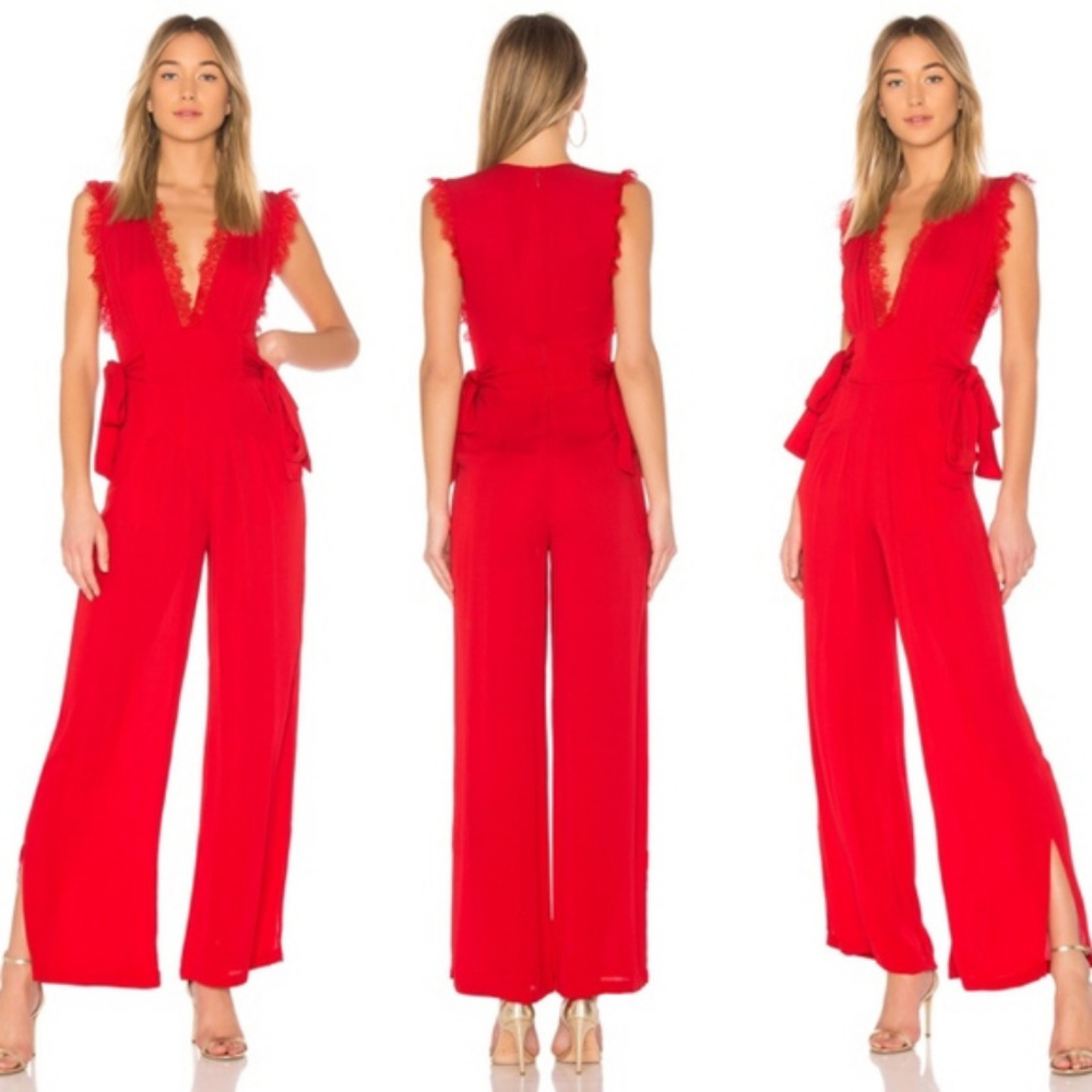 Free People CEM Lace Trim Wide Leg Jumpsuit Red